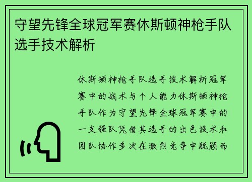 守望先锋全球冠军赛休斯顿神枪手队选手技术解析