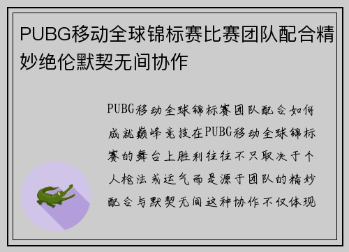 PUBG移动全球锦标赛比赛团队配合精妙绝伦默契无间协作