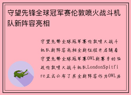 守望先锋全球冠军赛伦敦喷火战斗机队新阵容亮相