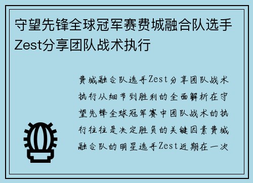 守望先锋全球冠军赛费城融合队选手Zest分享团队战术执行